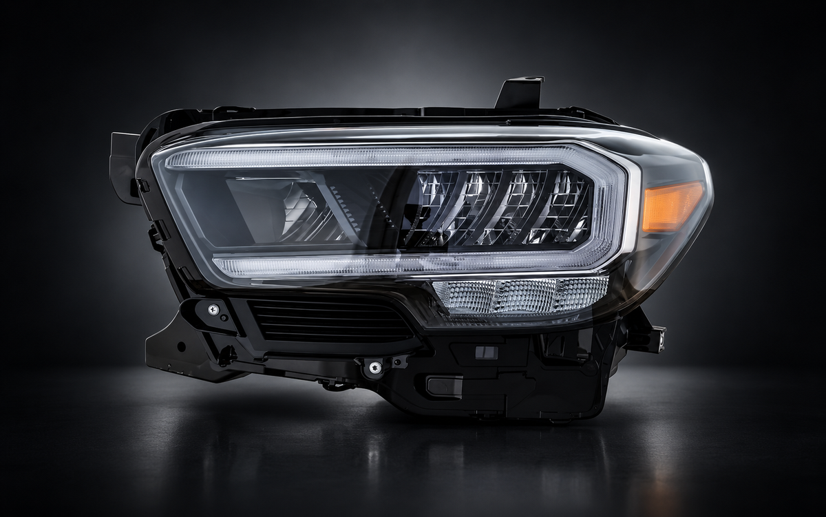 Automotive headlight assembly with clear lens and amber side marker on a dark studio background.