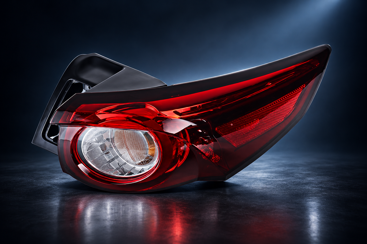 Automotive tail light assembly with red lens and clear inner reflector on a dark studio background.